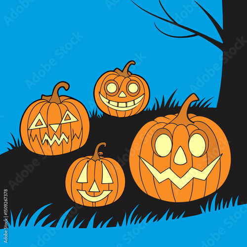 carved pumpkins (jack-o-lanterns) by candlelight on halloween