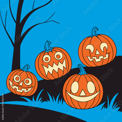 carved pumpkins (jack-o-lanterns) by candlelight on halloween