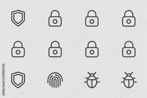 Twelve minimalist security icons shield symbols for protection and security