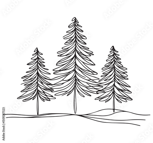 Minimalist Line Art Sketch of Three Evergreen Trees Nature Landscape Drawing