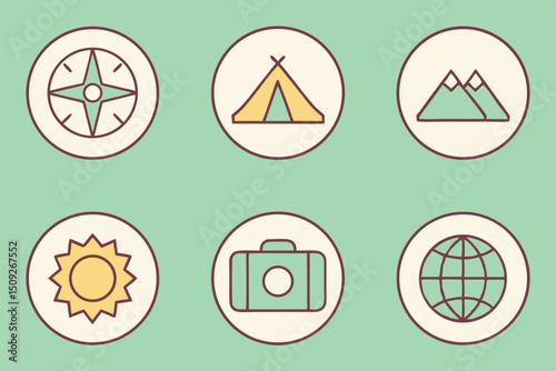 Twelve minimalist travel icons map airplane compass and more for websites and apps