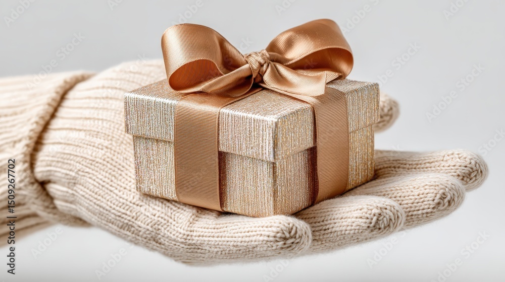 Elegant gift wrapped in shiny iridescent paper held by a gloved hand on a white background Elegant gift wrapped in shiny iridescent paper held by a gloved hand on a white background