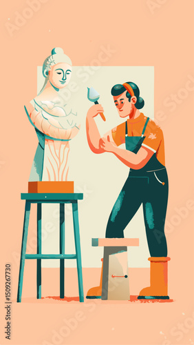 A person sculpting a clay statue watercolor image. Flat style. Vector illustration.