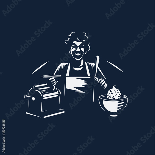 A person making ice cream engraved vintage image. Vector illustration.