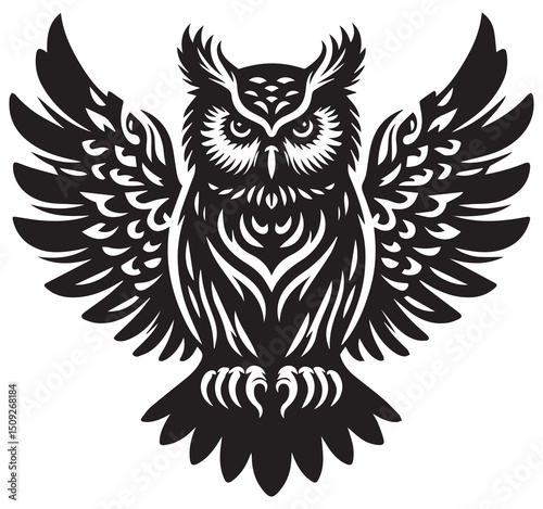 Black and White Owl with Spread Wings Vector Art Tribal Style Graphic Design Stencil Silhouette