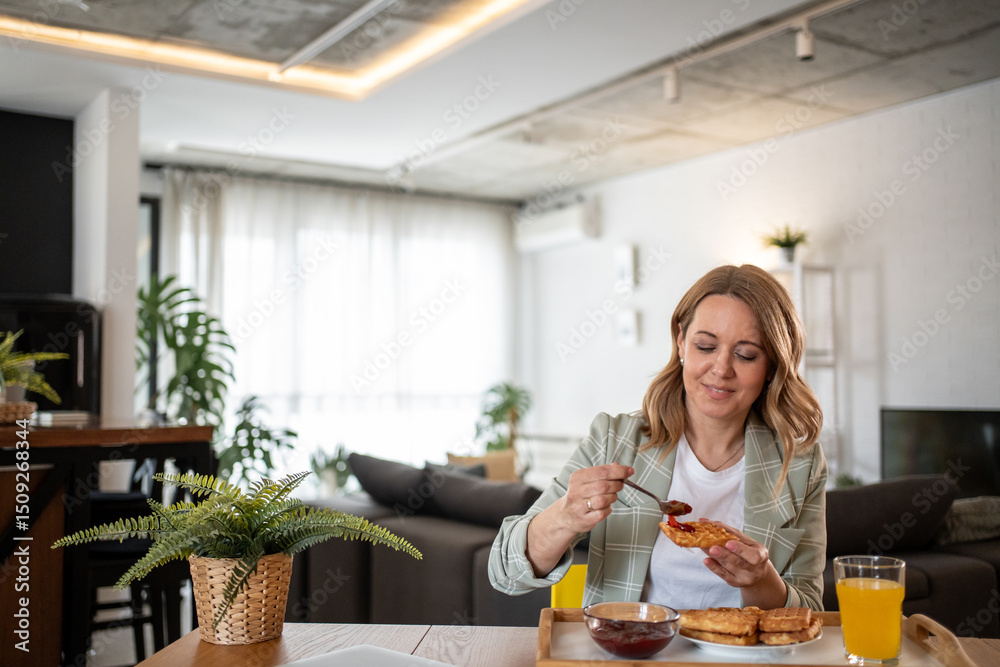 Businesswoman enjoying breakfast with toast and jam at home Businesswoman enjoying breakfast with toast and jam at home