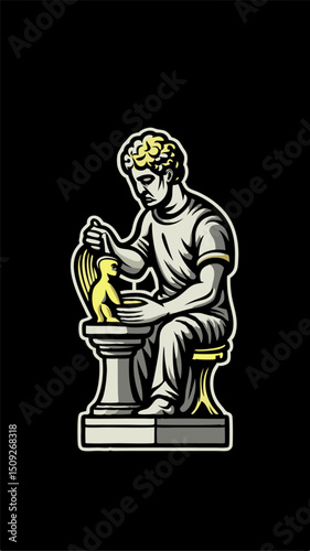 Hand drawn a person sculpting a clay statue colorful image. Vintage style. Vector illustration.