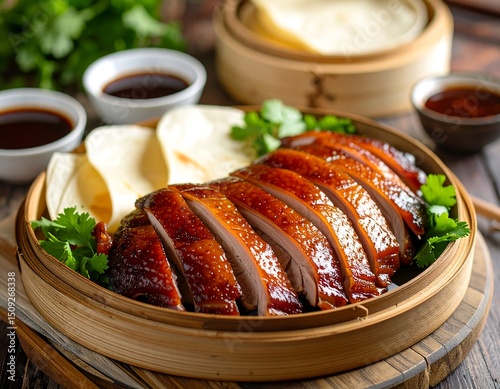 Sliced Peking duck on a wooden plate with pancakes and sauces