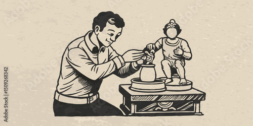 A person sculpting a clay statue monochrome vintage image. Flat vector illustration.