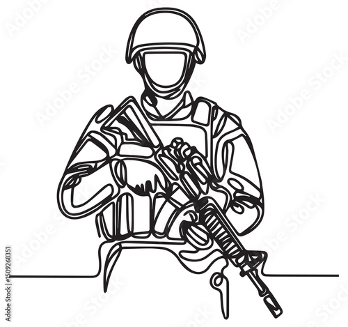 Black and White Continuous Line Art Drawing of Military Soldier Holding Rifle
