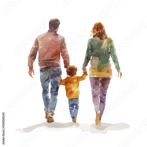 Parents Walking With Child, watercolor vector, high quality, isolated on a white background.
