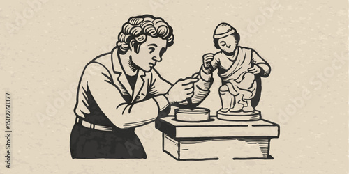 A person sculpting a clay statue monochrome vintage image. Flat vector illustration.