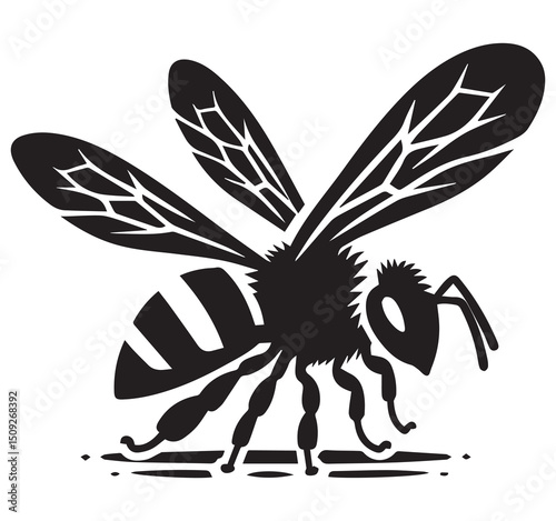 Highly detailed black and white vector illustration of a flying bee with intricate wings and striped body, perfect for nature and wildlife designs.