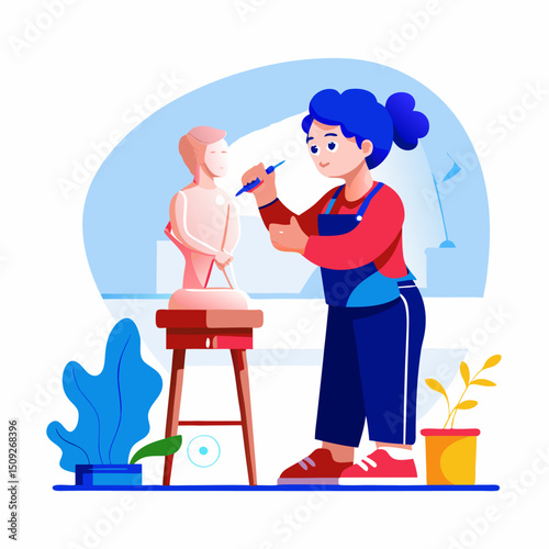 A person sculpting a clay statue cream. Cartoon vector illustration on white background.
