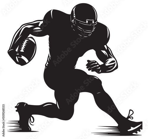 Black Silhouette Graphic of a Running American Football Player Holding a Football Dynamic Sport Vector Art