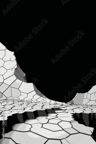 Abstract Cracked Surface Background-Black and White Geometric Pattern-Modern 3D Render-Minimalist Design with Hexagonal Tiles-Visual Illusion of Depth