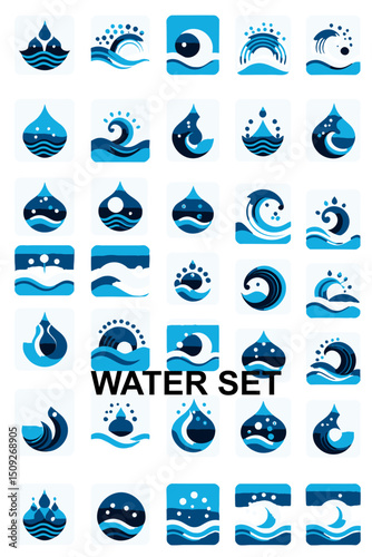 Blue Water Icon Set-Modern Water Drop & Wave Vector Logos-Abstract Ocean & Liquid Symbol Designs-Ideal for Branding-Web Design-and Environmentally Focused Businesses