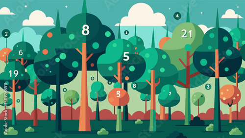 A data forest that feels both chaotic and structured with each tree carrying its own unique set of numbers and figures.. Vector illustration