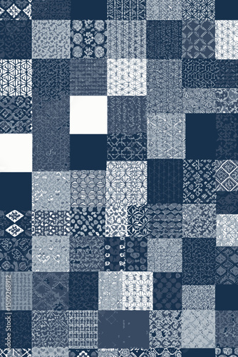Blue and White Japanese Textile Art- Patchwork Quilt Design in Indigo- Intricate Geometric and Floral Patterns- Traditional Asian Fabric Background- Elegant Texture
