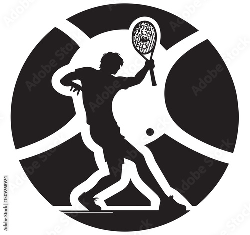 Intense Black and White Silhouette Graphic Illustration of Tennis Player Hitting Ball in Dynamic Circular Sport Design Art