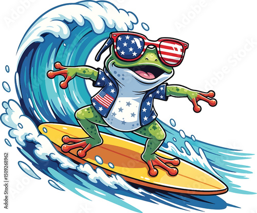 Patriotic frog having fun riding a scooter and skateboard in a cartoon vector style
