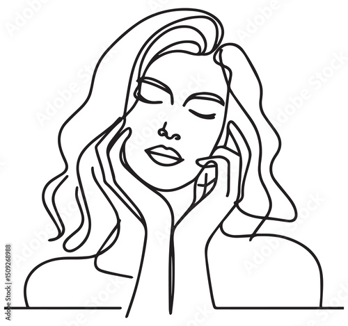 Black and white continuous line art portrait of woman with eyes closed resting face on hands serene minimalist drawing