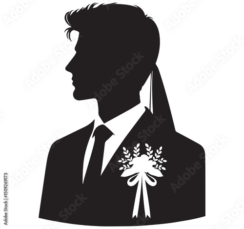 Elegant Black Silhouette Portrait Illustration of a Stylish Man in a Formal Suit Tie and Boutonniere Side Profile View