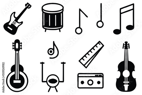 Vector icon set featuring various musical instruments and music notation symbols