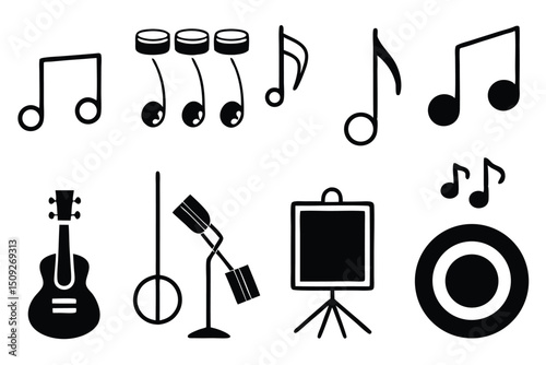 Black and white musical elements set featuring instruments and music notation for design