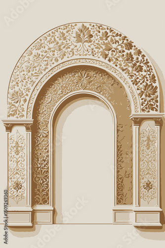 Golden Floral Archway Image - Intricate Carved Details on Architectural Ornament- Cream and Gold Color Palette- Elegant Design Element for Inspiration- Wall Decor- Floral Decor