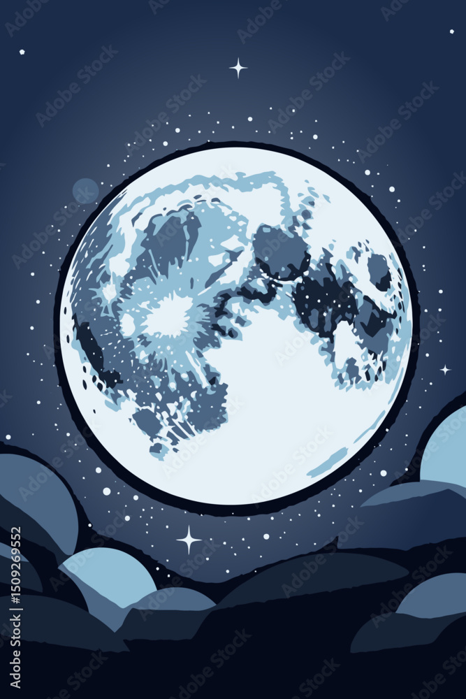 Naklejka premium Mystical Moon Illustration-Full Moon in Night Sky-Stars and Clouds-Celestial Art-Space Theme-Dreamy Landscape-Fantasy Art-Moonlight Scene