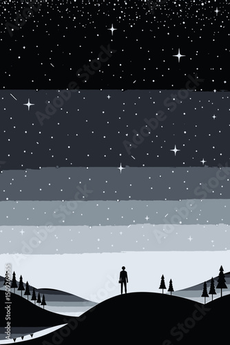 Night Sky Dreamer - Silhouette of a Man Gazing at Stars - Starry Landscape with Trees - Peaceful Night Scene - Space Art Illustration - Dark Sky Scenery