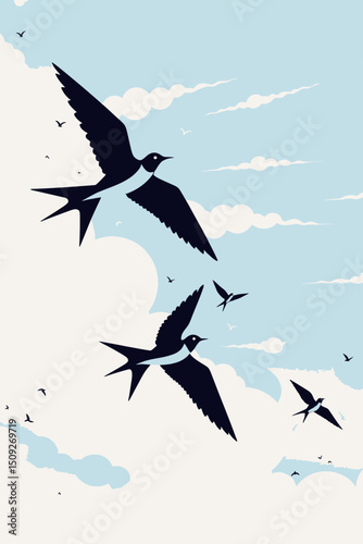 Swallows Soaring - Birds Flying in Cloudy Sky - Illustration of Graceful Swallows in Flight - Vector Art of Birds Against a Blue Sky with Clouds- Nature Scene with Birds