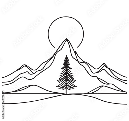 Black and White Minimalist Line Art Mountain Landscape Drawing with Pine Tree and Sun Nature Outline Illustration