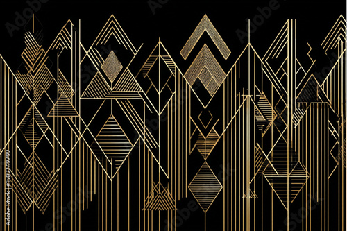 Geometric art deco pattern with gold lines and shapes on a black background for design purposes only
