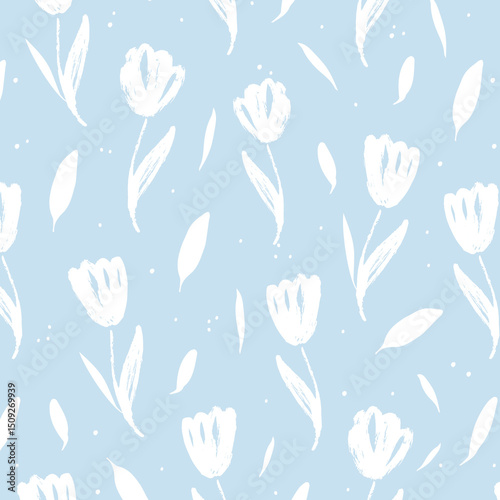 Seamless pattern of abstract tulip flowers in modern style. Floral hand draw print on pastel background. Bright color Vector illustration