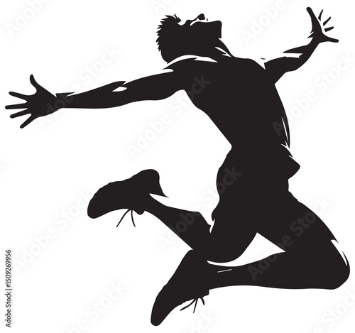 Dynamic Black Silhouette Graphic of Happy Man Jumping Arms Outstretched Celebrating Joy Freedom Success Vector Art