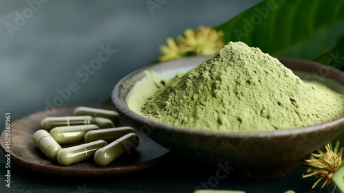 Close-up display of green powder supplement in bowl with capsules and green leaves representing natural medicine and wellness concept.