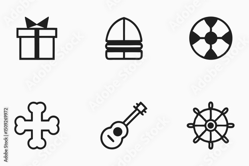 Collection of simple black minimalist icons gift box burger rocket and more