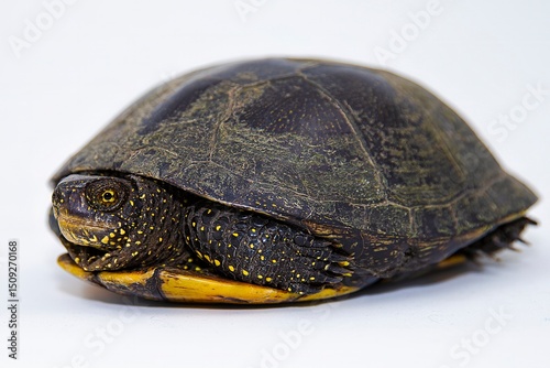 European pond turtle hiding in shell – instinct of self-preservation in wildlife