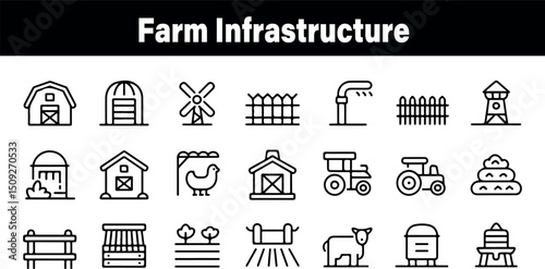 Farm infrastructure icons set black and white simple agricultural buildings barns silos windmills fences tractors art hay
