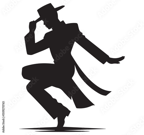 Black Silhouette Man Dancing in Fedora Hat and Coat Dynamic Jazz Pose Graphic