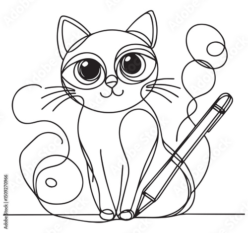 Cute Cat Continuous Line Art Drawing with Big Eyes Whiskers and a Pencil