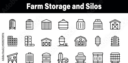 Farm storage silos icons set agriculture barn granary collection food tank line rural black white design vector symbol