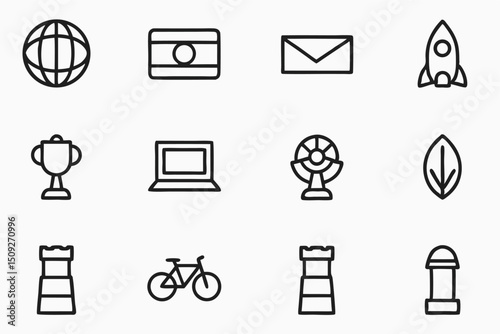 Twelve high quality minimalist icons global and financial themes for diverse applications