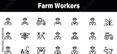 Collection of farm worker icons set vector illustration graphic design elements bee crop soil rural field tools ranch