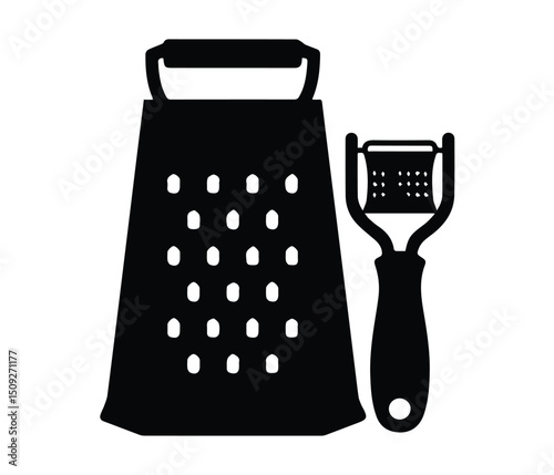 Grater and Peeler Silhouette Vector Black Kitchen Utensils Icon for Cooking and Culinary Graphics. grater line icon, Grater Vector, Cheese grater icon.