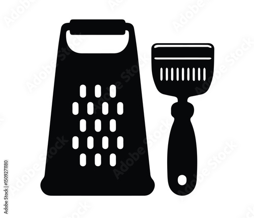 Grater and Peeler Silhouette Vector Black Kitchen Utensils Icon for Cooking and Culinary Graphics. grater line icon, Grater Vector, Cheese grater icon.