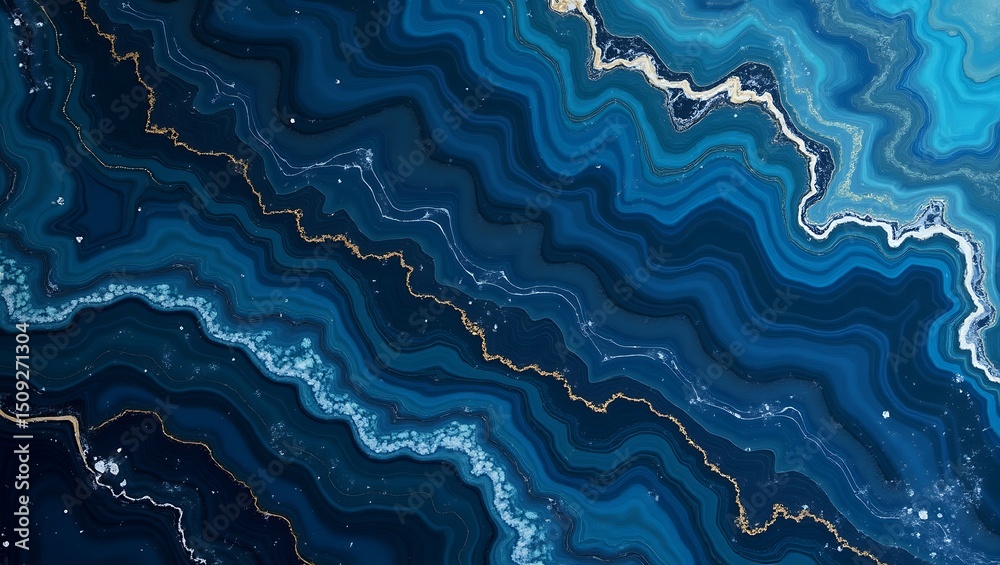 Fototapeta premium Abstract blue agate texture with gold veins art wallpaper background