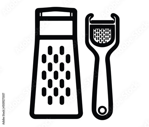 Grater and Peeler Silhouette Vector Black Kitchen Utensils Icon for Cooking and Culinary Graphics. grater line icon, Grater Vector, Cheese grater icon.